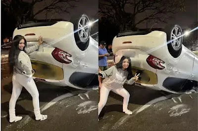 “Rir para não chorar”: Jovem capota carro em Maringá e viraliza com foto bem-humorada ao lado do veículo