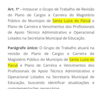 Gestão Municipal nomeia membros de Comissão que fará Revisão do Plano de Cargos Carreiras e Vencimento dos Profissionais da Educação de Santa Luzia do Paruá.