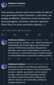 Anderson Lindoso afirma que assume nova missão ao lado de Felipe Camarão na vice-governadoria