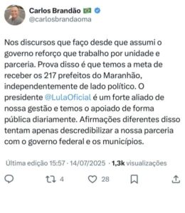 Lula deixa Carlos Brandão no vácuo após declaração de parceria nas redes sociais