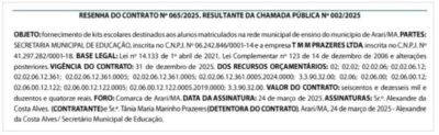 Comércio que vende areia, pedra brita e tijolos vai fornecer kits escolares para a Prefeitura de Arari-MA