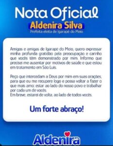 Atual vice-prefeita de Igarapé do Meio que foi eleita prefeita no último dia 06 de outubro, está entubada após AVC