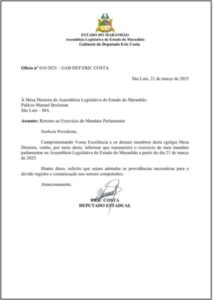 Deputado Eric Costa acaba com licença e oficializa retorno à Assembleia