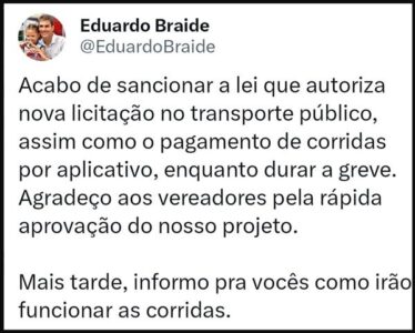 Braide sanciona PL que concede corrida gratuita em Apps para usuários de coletivos
