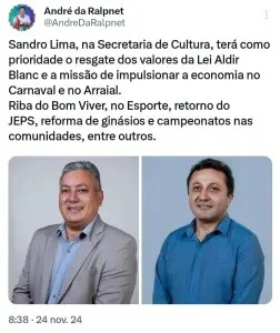 Prefeito eleito André da RalpNet anuncia mais dois secretários: Riba do Bom Viver e Sandro Lima