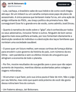 Bolsonaro rebate Lula: ‘Vá arrumar o que fazer’