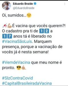 Eduardo Braide anuncia cadastro para vacinação de jovens de 12 a 17 anos