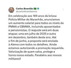 Governador Carlos Brandão anuncia reajuste salarial para PMs e Bombeiros do Maranhão