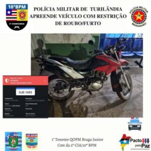 Polícia Militar apreende moto com restrição de furto em Turilândia