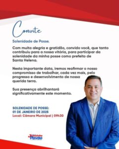 Santa Helena – Prefeito eleito Joãozinho Pavão convida para Solenidade de posse