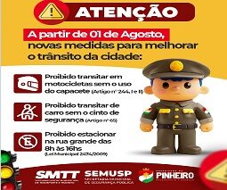 Prefeitura de Pinheiro anuncia novas medidas de trânsito a partir de 1º de agosto