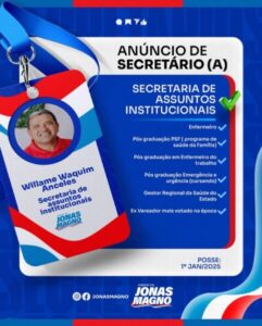 Prefeito eleito de Rosário, Jonas Magno, anuncia Willame Anceles na secretaria de assuntos institucionais