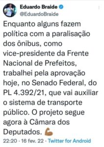 Pelo tuíter, prefeito de São Luís avisa que “paralisações dos ônibus” têm motivações políticas…