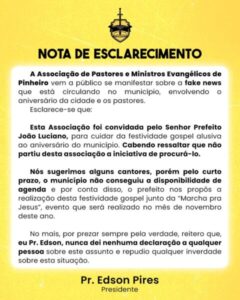 Nota emitida pela Associação dos Pastores confirma o ‘Não’ do prefeito Luciano Genésio em Pinheiro