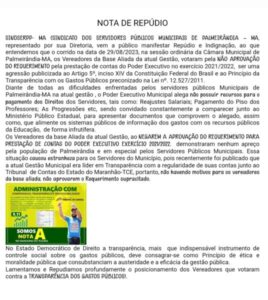 SINDSERPP emite Nota de Repúdio contra o prefeito Edilson da Alvorada em Palmeirândia