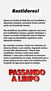 Esposa de André da Ralp Net deve disputar vaga na Assembleia Legislativa com apoio articulado por secretário Carlos