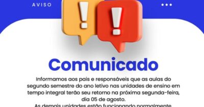 Prefeitura de Açailândia comunica data de reinicio das aulas das unidades de Tempo Integral