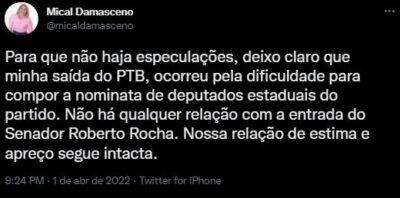 Tuitada do dia: Mical Damasceno revela o outro lado da história…