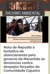 Nota de Repúdio à tentativa de silenciamento pelo governo do Maranhão às denúncias contra despejos forçados da Comunidade Cajueiro