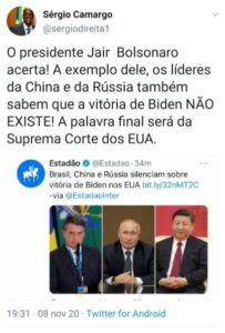 Na imagem do dia: Além do Brasil, China e Rússia não reconheceram “vitória” de candidato dos esquerdistas nos EUA…