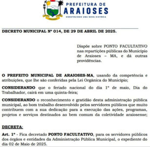 Prefeito Neto Carvalho decreta ponto facultativo no dia 2 de Maio