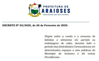 Decreto Nº 03/2025, dispõe sobre a venda e o consumo de bebidas e alimentos em garrafa ou embalagens de vidro durante o Carnaval