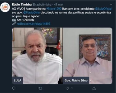 Pode isso? Flávio Dino gazetando serviço para falar mal de Bolsonaro, junto com o condenado Lula, em horário de serviço usando a rádio estatal…
