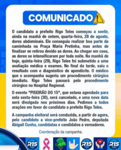 Problema de saúde interrompe campanha de Rigo Teles em Barra do Corda