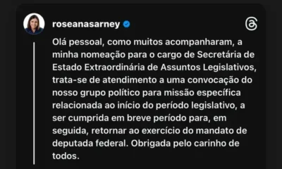 Roseana diz que ocupará secretaria de Brandão de forma temporária e retornará ao mandato de deputada