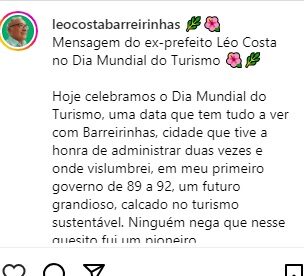 Mensagem do ex-prefeito Léo Costa no Dia Mundial do Turismo