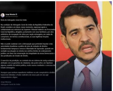Advocacia-Geral da União (AGU) divulgou em seu perfil no X,  uma nota para manifestar repúdio aos atos arbitrários de revogação de vistos por parte dos EUA