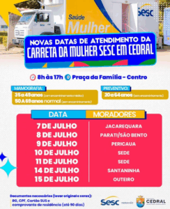 Carreta da Mulher Sesc em Cedral do Maranhão; prefeitura divulga novas datas de atendimentos