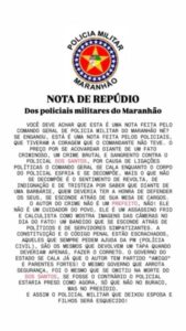 Nota de Repúdio: Policiais Militares criticam silêncio das autoridades após assassinato de PM no Maranhão