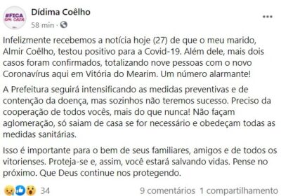 Prefeita de Vitória do Mearim anuncia que seu marido, o ex-promotor Almir Coelho contraiu covid-19