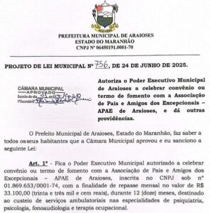 Câmara aprova projeto que autoriza prefeitura de Araioses celebrar convênio com APAE