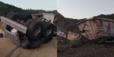 Carreta carregada de grãos tomba e deixa motorista gravemente ferido na BR-222