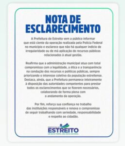 Prefeitura de Estreito se manifesta após operação da Polícia Federal no município