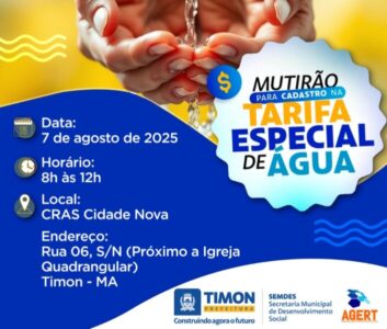 Mutirão para Cadastro na Tarifa Especial de Água será realizado em Timon nesta quinta-feira (07)