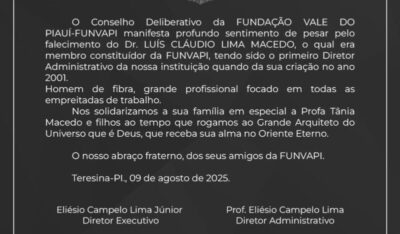 FUNVAPI lamenta o falecimento de Luís Cláudio Lima Macedo, ex-diretor do SAAE de Timon