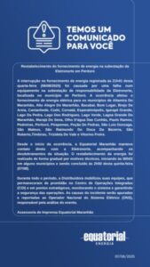 Restabelecido fornecimento de energia na subestação da Eletronorte em Peritoró