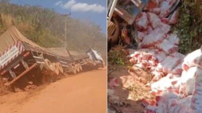 Carreta desgovernada atropela motociclista e tomba com carga de arroz em Marajá do Sena, no Maranhão