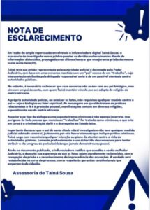 Assessoria de Tainá Sousa nega trama criminosa e alega criminalização da fé