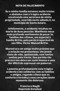 Proprietário de aeronave que caiu nos Lençóis, deputado Nagib preta homenagem a vítimas