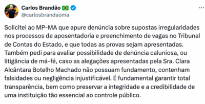 Brandão pede investigação de denúncias sobre TCE-MA e fala de ação por má-fé