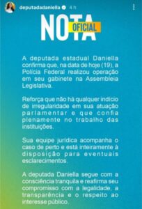 Deputada Daniella nega irregularidades após ação da PF em seu gabinete