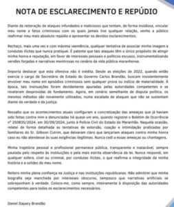 Daniel Brandão divulga nota de repúdio a ataques e denúncias no caso ‘Gilbson Cutrim/João Bosco’