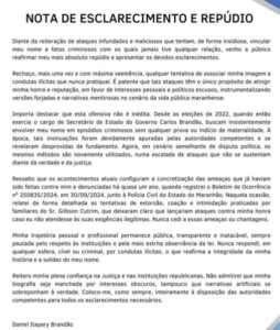 Daniel Brandão divulga nota de repúdio a ataques e denúncias no caso ‘Gilbson Cutrim/João Bosco’