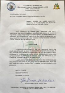 Vereador João Henrique apresenta primeiros requerimentos na Câmara de Benedito Leite