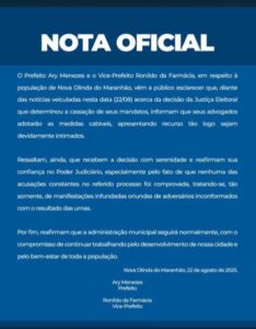 Prefeito Ary Menezes e vice Ronildo da Farmácia recorrem de decisão que cassou mandatos em Nova Olinda do Maranhã