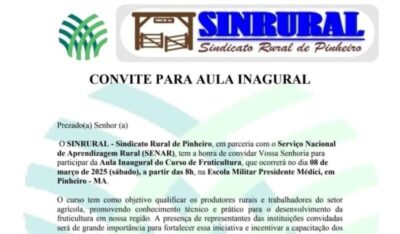 Pinheiro – SINRURAL e SENAR realizarão no próximo dia 08 de março aula inaugural do Curso de Fruticultura,